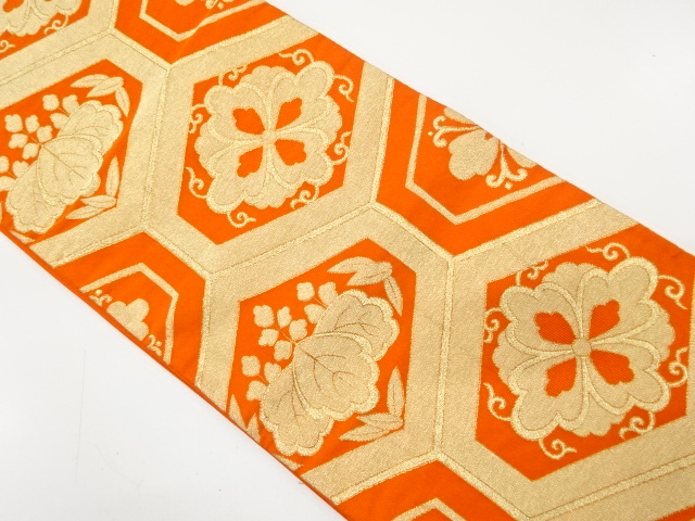 アンティーク　亀甲に桐・花模様織り出し袋帯（着用可）